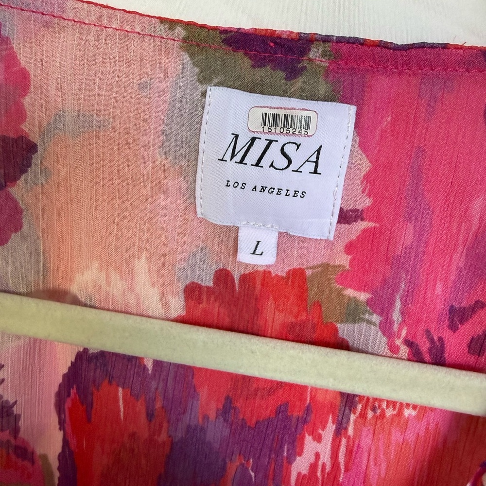 MISA Los Angeles Floral Chiffon Midi Dress Boho Pink Purple Button Front L - Picture 7 of 10